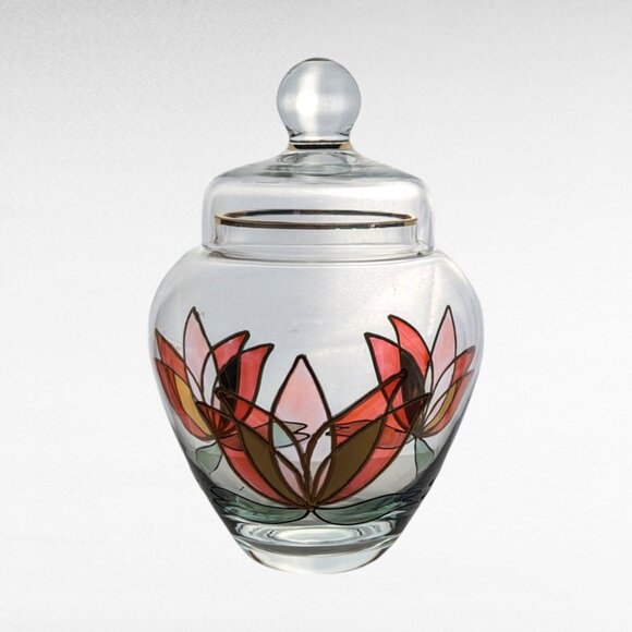 Lotus Art Glass Lidded Bowl/Jar - Picture 1 of 6